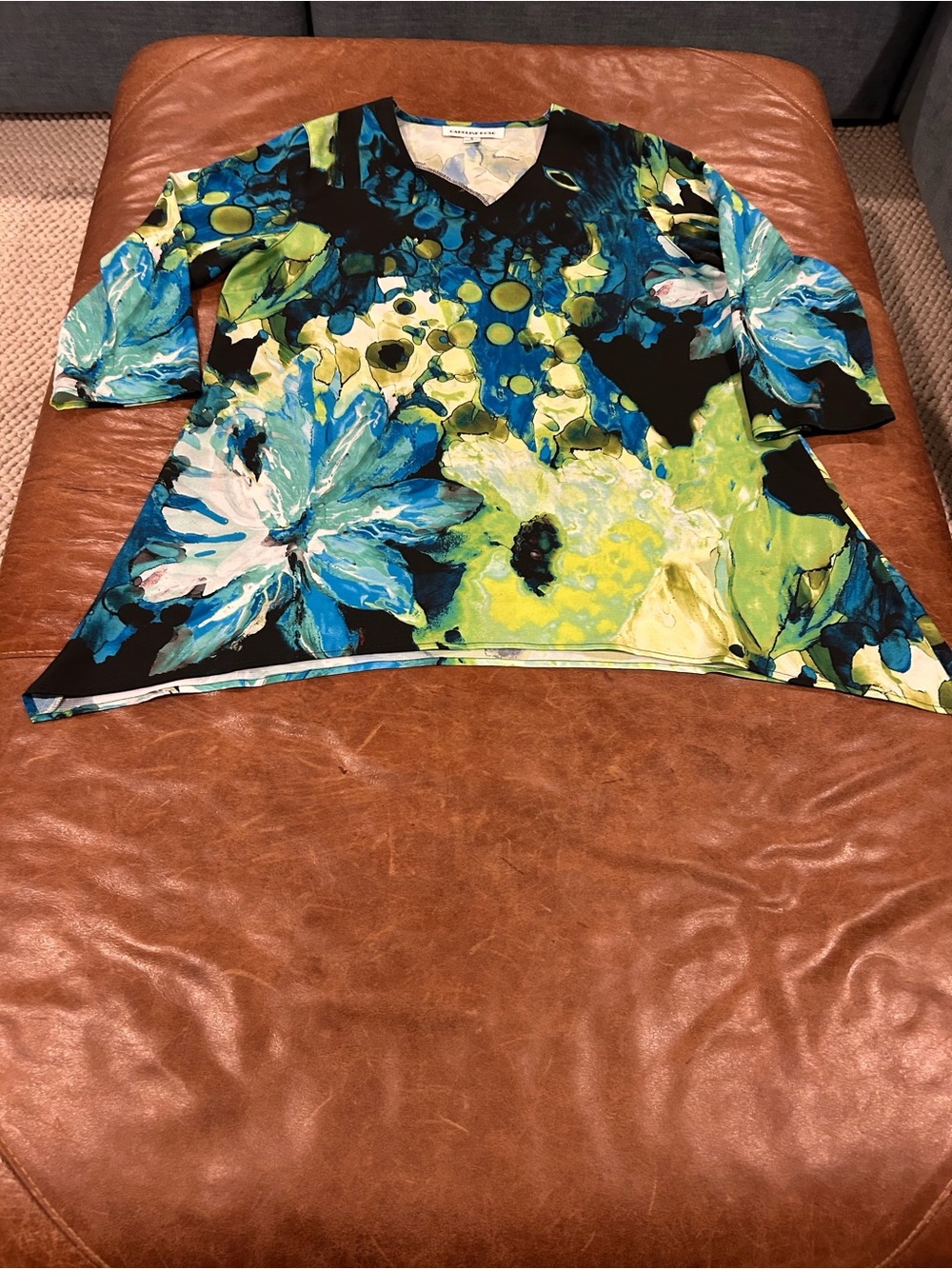 Caroline Rose Blue & Green Floral V-Neck Top